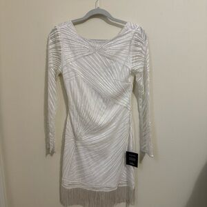 Lulu's White Sequin, Beaded with Fringe Long Sleeve Dress, NWT - Size Medium
